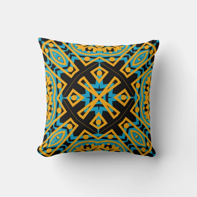 Almofada Desenho de Caleidoscópio, Azul Claro, Dourado, Pre (Frente)