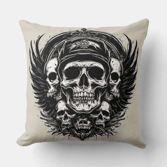 Almofada Desenho de Caveira com Asas e Símbolos (Frente)