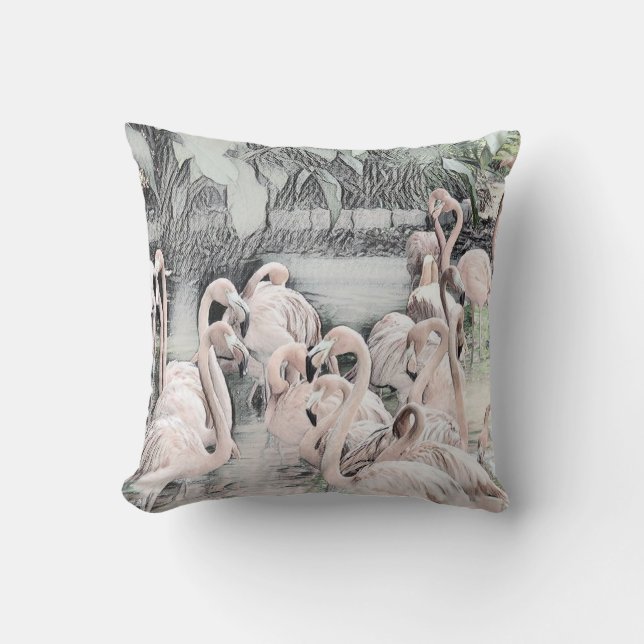 Almofada Desenho de Flamingos Brancos e Rosa na Água (Frente)