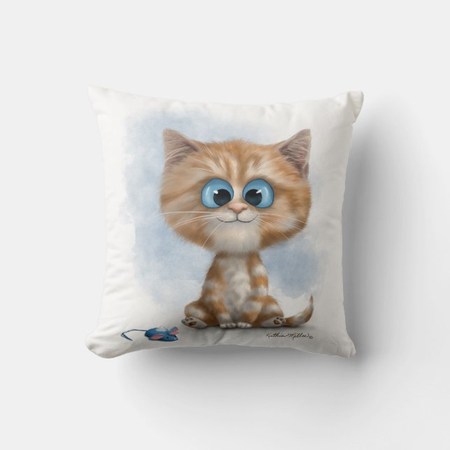 Almofada Desenho de Gatinho Gengibre com Rato (Frente)