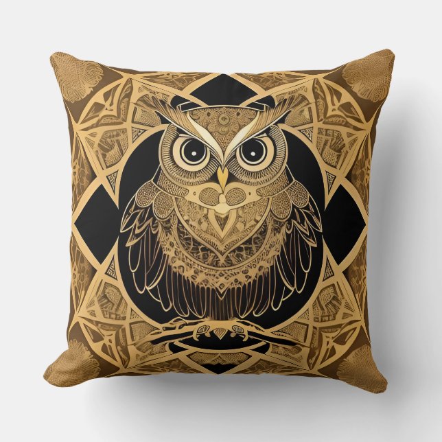 Almofada Desenho de Mandala de Coruja Decorativa Dourada (Frente)