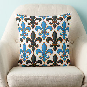 Almofada Desenho de padrão Barroco Flor-de-lis Preto Azul