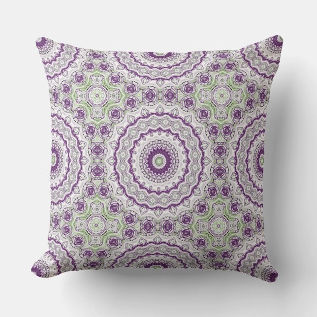 Almofada Desenho de Padrão de Mandala Roxo e Verde (Frente)
