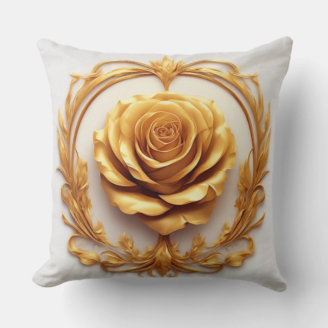 Almofada Desenho de Rosa Ornamental Dourada (Frente)