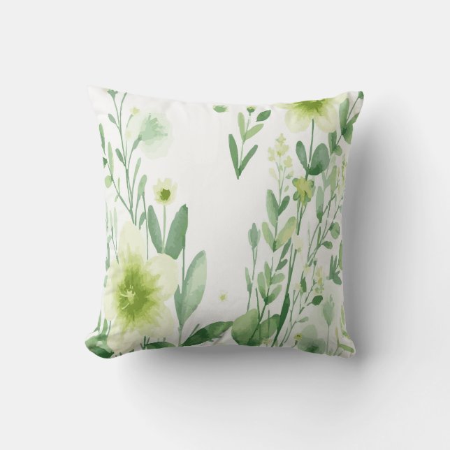 Almofada Desenho Floral Branco com Padrão Botânico Verde (Frente)