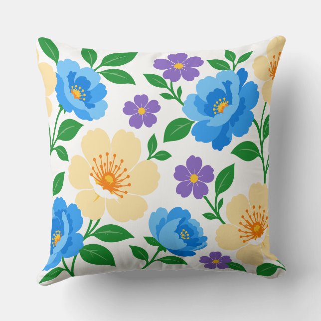 Almofada Desenho Floral com Flores Azuis, Creme e Roxas (Verso)