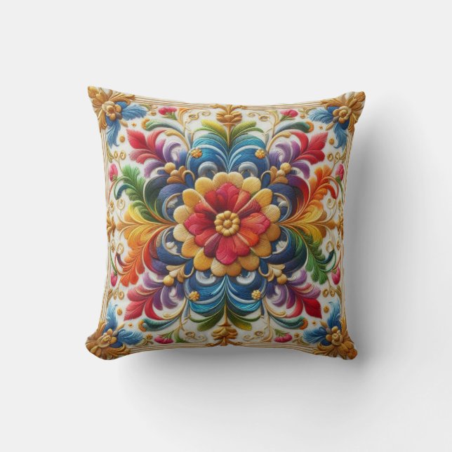 Almofada Desenho Floral de Bordado de Flor de Arco-Íris (Frente)