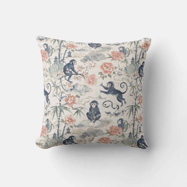 Almofada Desenho Floral de Macaco e Peônia em Chinoiserie (Frente)