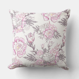 Almofada Desenho Floral Elegante Rosa Pálido Folhagem Cinza
