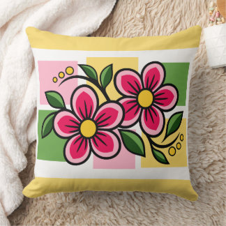 Almofada Desenho Floral Rosa com Folhas Verdes