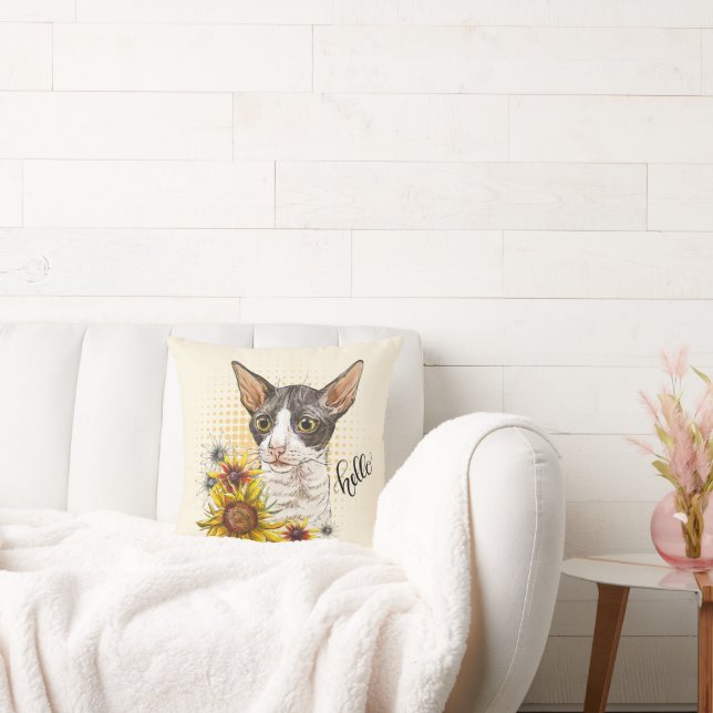 Almofada Desenho manual de Cornish Rex cat com girassóis (Sofá)