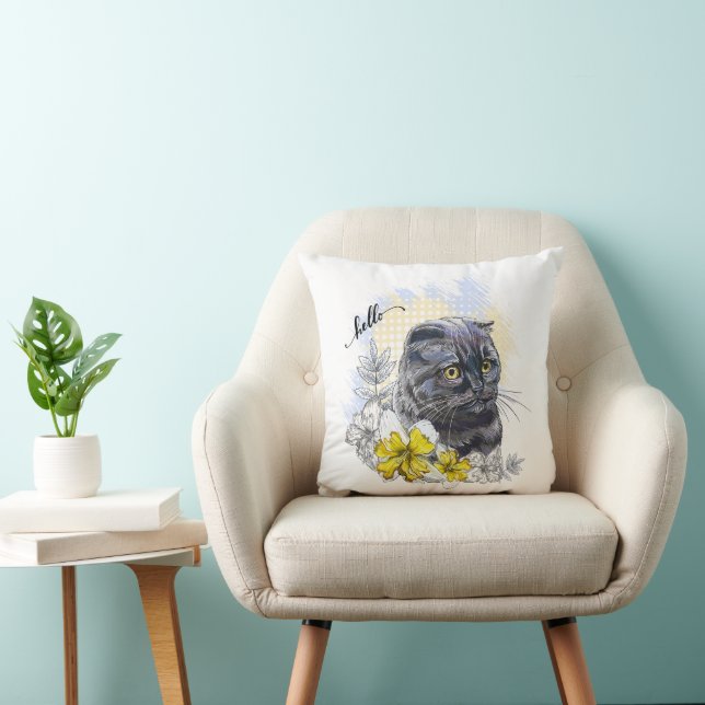 Almofada Desenho manual de gata britânica negra engraçada c (Cadeira)