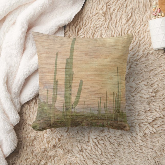 Almofada Desert Cactus Plants On Wood Grain Photo Image (Cobertor)