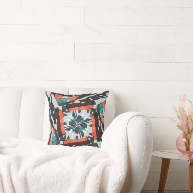 Almofada Design de Azulejo de fiação em laranja, preto e aq (Sofá)