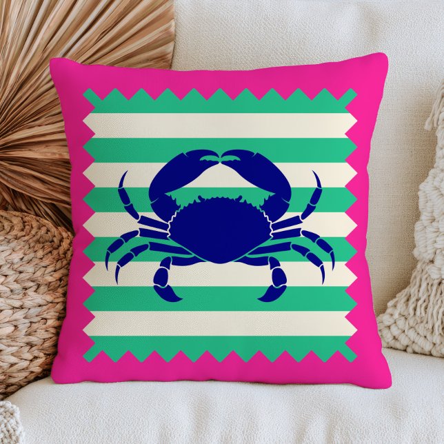 Almofada Design de Caranguejo Azul em Listras Verdes com Ro (Criador carregado)