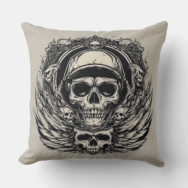 Almofada Design de crânio com Asas e Símbolos (Frente)