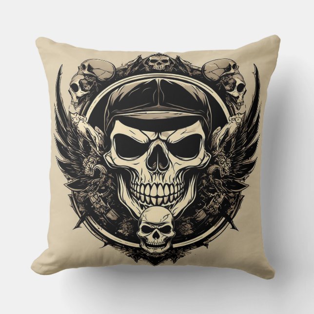 Almofada Design de crânio com Asas e Símbolos (Frente)