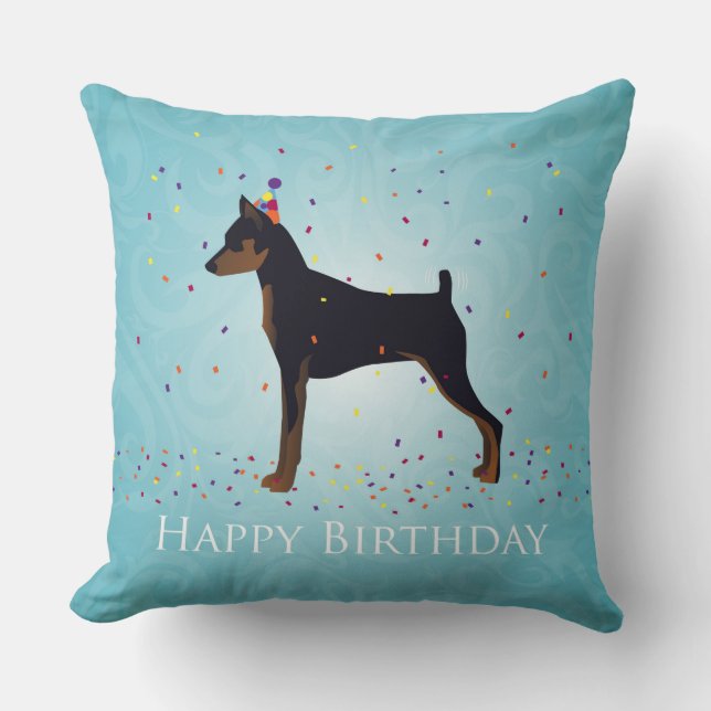 Almofada Design de Feliz Aniversário de Miniatura Pinscher (Frente)