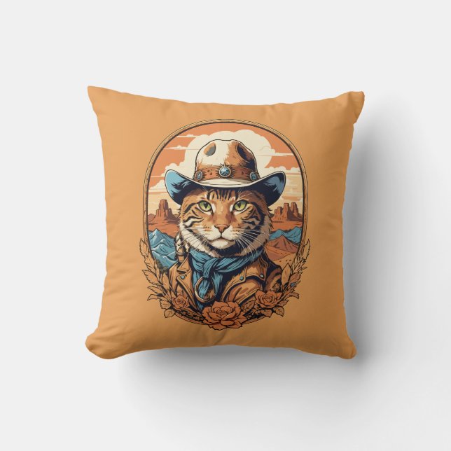 Almofada Design de Gato Cowboy Vintage (Frente)