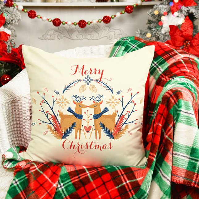 Almofada Design de Natal de Nórdicos com Veados Escandinavo (Scandinavian Folk Woodland Deer Throw Pillow - Cream)