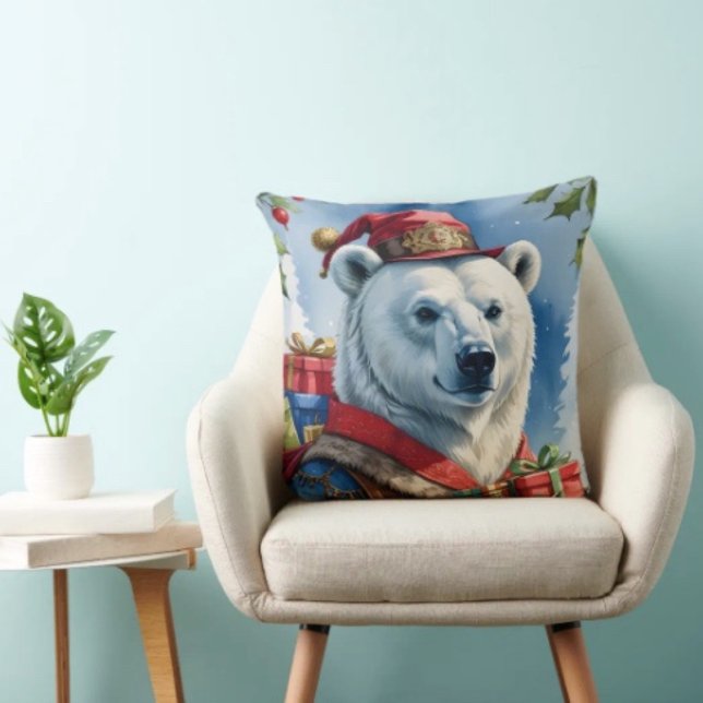 Almofada Design de Natal do Papai Noel Urso Polar (Throw Pillow 100% polyester heavyweight stretch material. Hidden zipper Made in the USA.
)