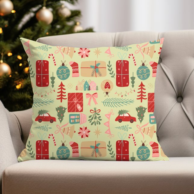 Almofada Design de Natal giro em Preppy Pink e Mint Gree (cute coquette preppy pink and mint green christmas pattern pillow for holiday decor)