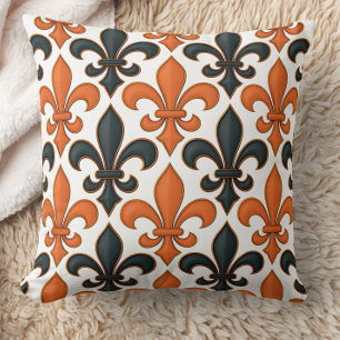 Almofada Design de Padrão do Barroco Negro Laranja Fleur-de