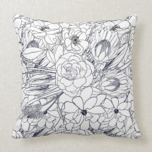 Almofada Design de Rapariga Floral Desenhada em Linha Moder