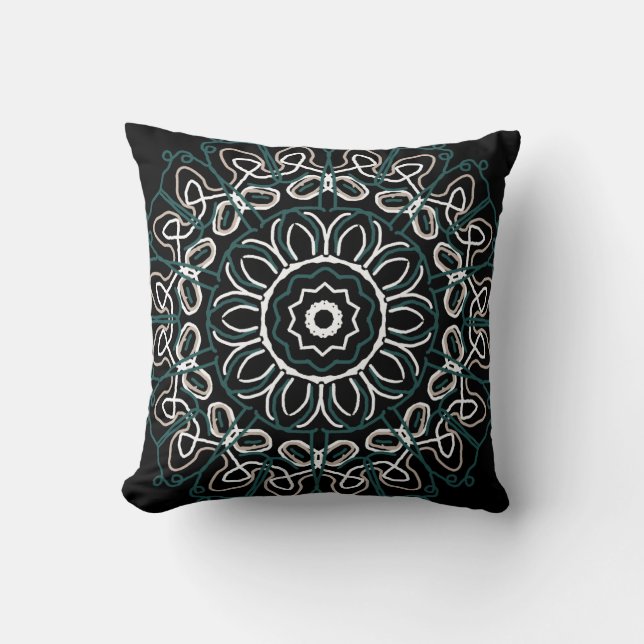 Almofada Design do Sudoeste do Teal Beige Scribble em preto (Frente)
