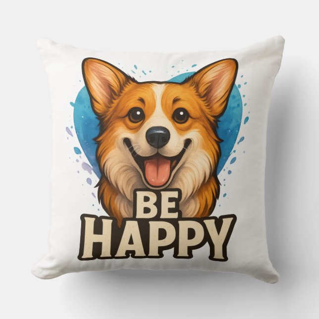 Almofada Design Feliz de Corgi para Amantes de Cães Fofos (Frente)