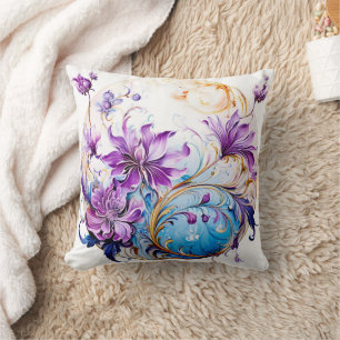Almofada Design Floral Elegante com Acentos Roxos e Azuis