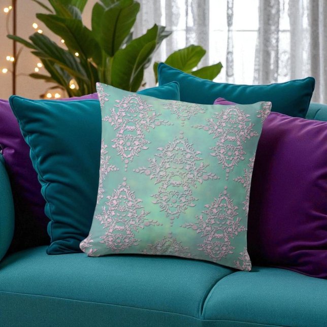 Almofada Deslumbrante Damasco Pastel Turquesa e Lavanda (Criador carregado)