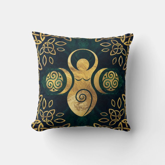 Almofada Deusa tripla com triskele - ouro e verde (Frente)