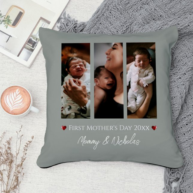 Almofada Dia de as mães Três Colagem Fotográfica Verde (Sage Green First Mother's Day Three Photo Collage Throw Pillow)
