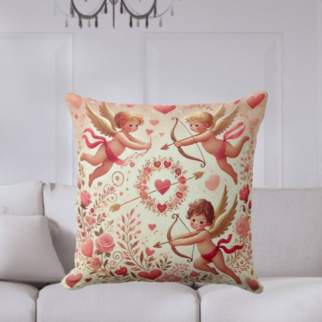Almofada Dia de os namorados Romântico rosa e Dourado Cupid (Elegant Pink and Gold Cupid Throw Pillow – Perfect for Valentine's Day and romantic decor.







)