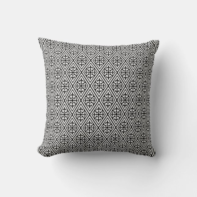 Almofada Diamantes de Damasco Medieval, preto e branco (Frente)