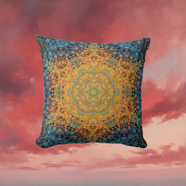 Almofada Digital Mandala Amarelo Azul e Vermelho (Yellow Blue and Red Digital Mandala Throw Pillow by Wormhole Orbital)
