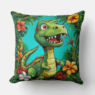 Almofada Dinossauro Adorável Rodeado por Flores Coloridas
