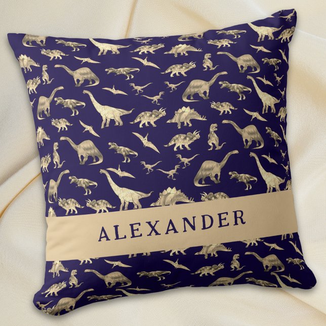 Almofada Dinossauro Bonito Nome Personalizado Azul (Cute dinosaur personalized name boy baby navy blue pillow Jurassic dino pattern custom bedroom decor)