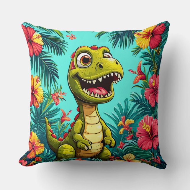 Almofada Dinossauro de Desenho Animado Alegre com Flores Tr (Frente)