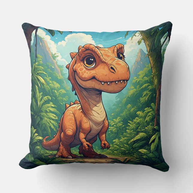 Almofada Dinossauro de Desenho Animado Explorando uma Selva (Frente)