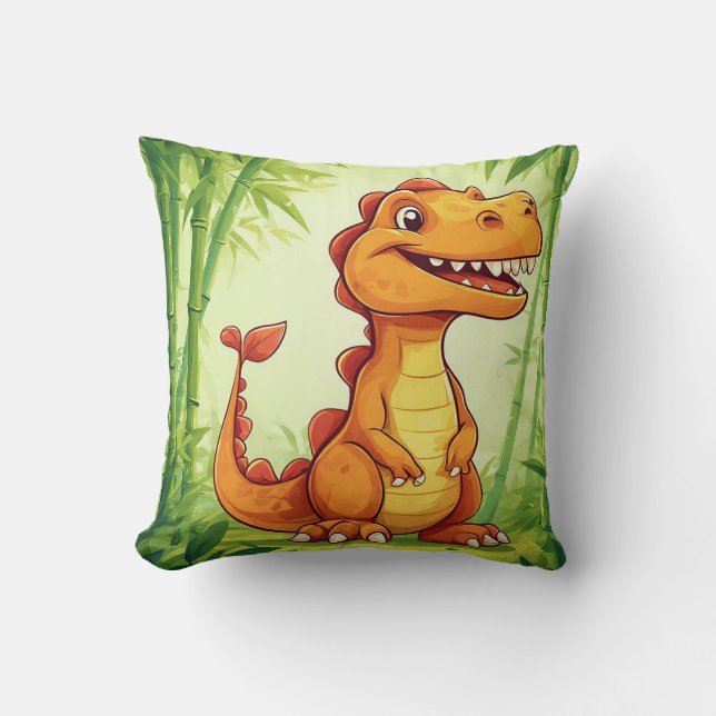 Almofada Dinossauro de Desenho Animado na Floresta de Bambu (Frente)