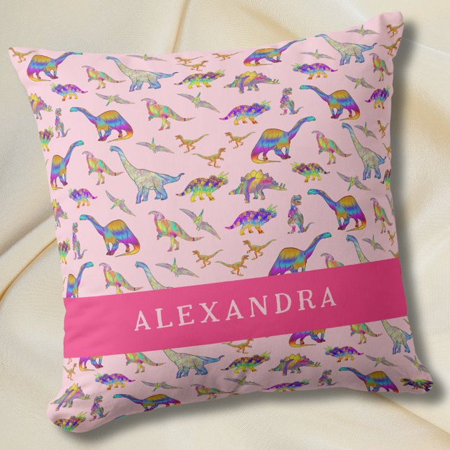 Almofada Dinossauro Fofo Nome Personalizado Rosa (Cute dinosaur personalized name pink pillow Girls colorful dino bedroom home decor)