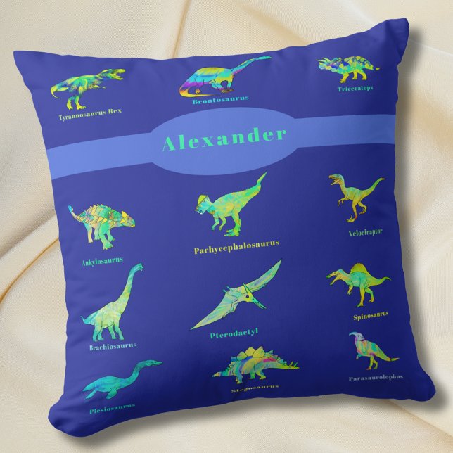 Almofada Dinossauros Coloridos Nome Personalizado (Dinosaurs personalized kids name blue and green pillow Colorful dinos with names boys bedroom decor)
