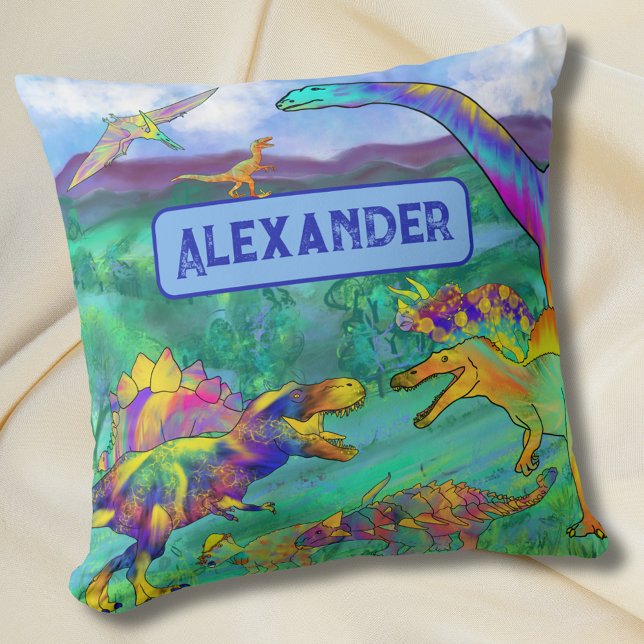 Almofada Dinossauros Coloridos Nome Personalizado (Colorful dinosaurs kids personalized name bedroom decor pillow Cute dino custom gift)
