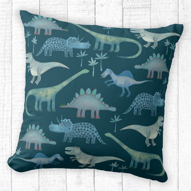 Almofada Dinossauros Verdes Escuros (Fun dinosaur pattern teal green throw pillow)