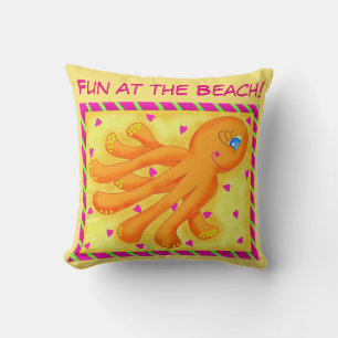 Almofada Diversão em Laranja Amarelo Octopus Whimsy Beach