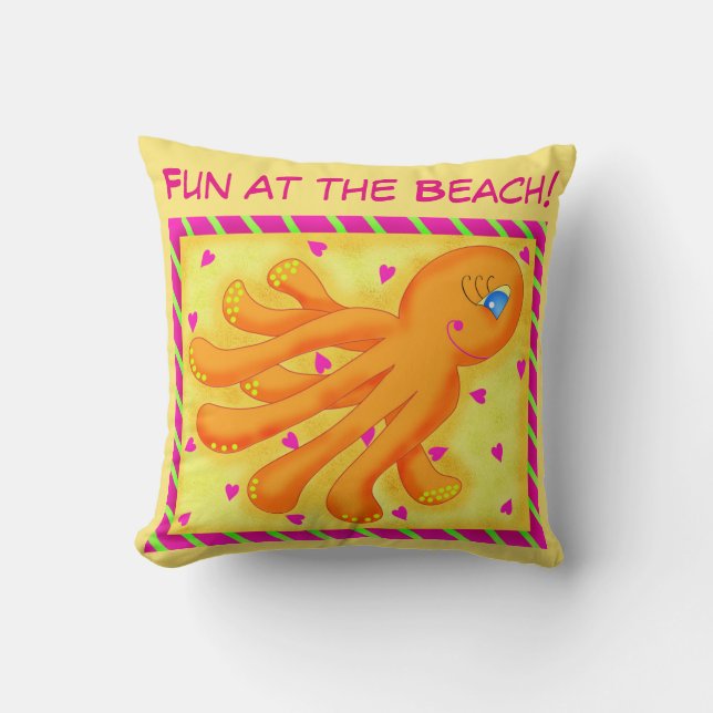 Almofada Diversão em Laranja Amarelo Octopus Whimsy Beach (Frente)