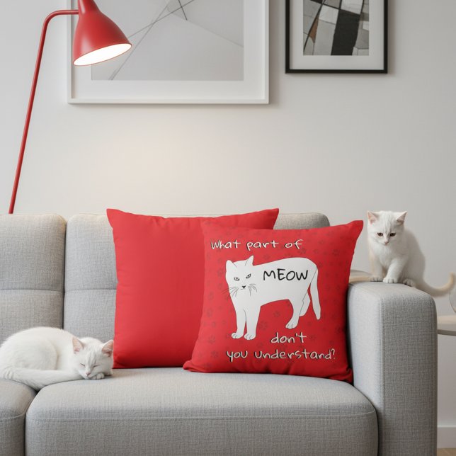 Almofada Divertida de Gato Vermelho e Branco Meow  (Funny bold red and white cat throw pillow.)
