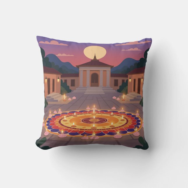 Almofada Diwali 2025 Throw Pillow – Rangoli & Diya Home Dec (Frente)